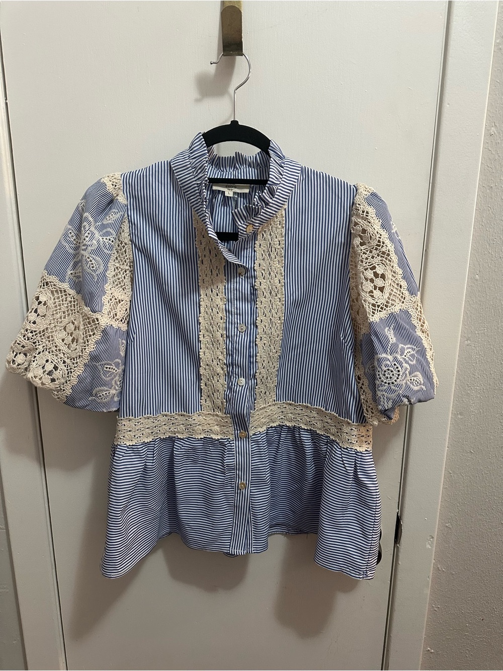 entro Blue and White Striped Ruffle Collar Shirt